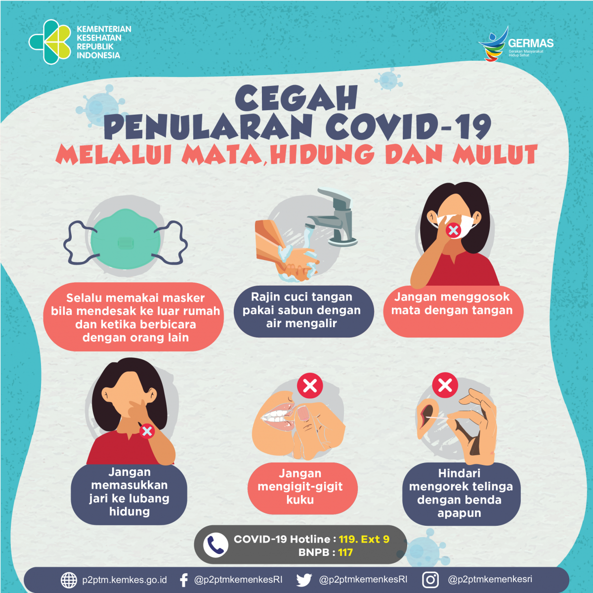 Cegah penularan COVID-19 melalui mata, hidung, dan mulut.