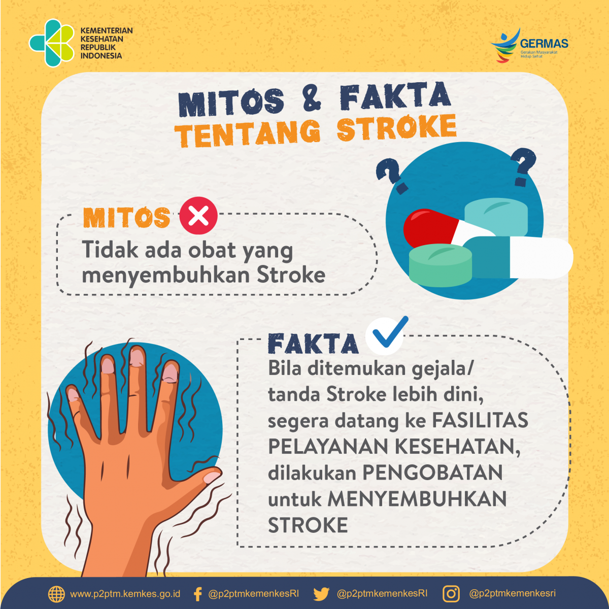 Bila ditemukan gejala/ tanda stroke lebih dini segera datang ke fasilitas pelayanan kesehatan.