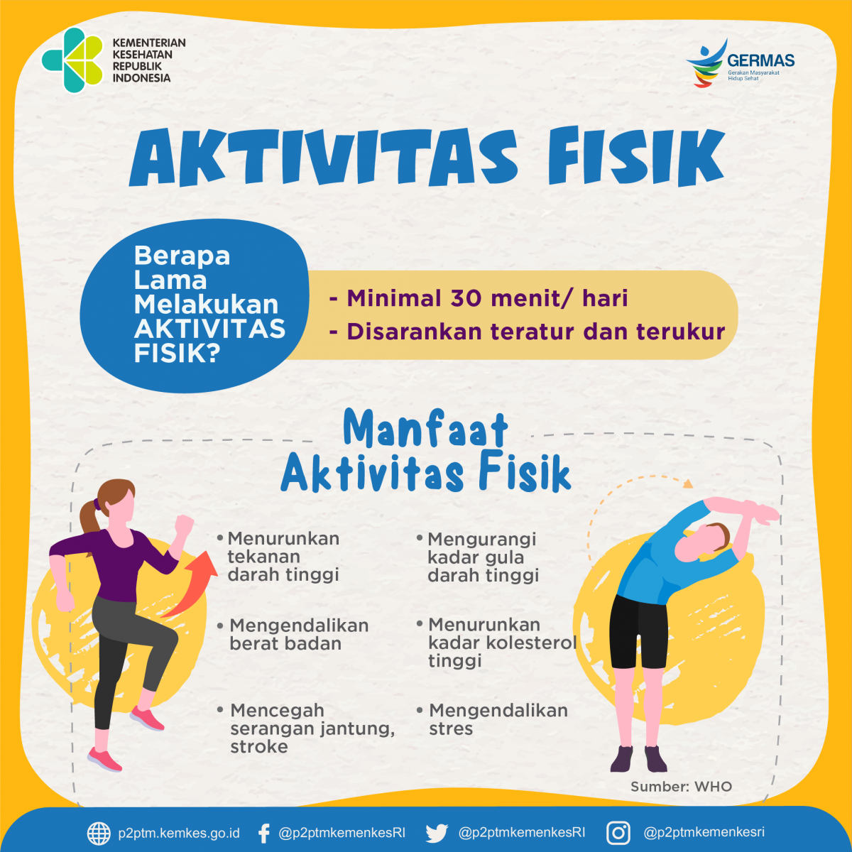 Yuk, rutin lakukan aktivitas fisik minimal 30 menit/hari.