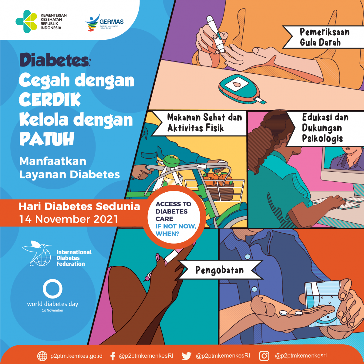 Hari Diabetes Sedunia 2021, Diabetes: Cegah dengan CERDIK, Kelola dengan PATUH. Manfaatkan layanan Diabetes